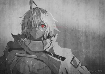 Rule 34 | ahoge, bandage over one eye, blazblue, blazblue alternative: dark war, breasts, cleavage, closed mouth, coat, coat on shoulders, commentary, eye trail, grey background, grgr 777, hair between eyes, highres, light trail, medium breasts, medium hair, monochrome, nu-13, red eyes, spot color, torn clothes, torn coat, twitter username, upper body