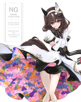 1girl animal_ears blush braid breasts brown_hair closed_mouth curren_bouquetd&#039;or_(umamusume) dress elbow_gloves floral_print gloves grey_eyes hair_between_eyes hair_ornament hairband horse_ears horse_girl horse_tail long_braid long_hair looking_at_viewer low_twin_braids mismatched_ear_covers short_sleeves simple_background smile solo tail twin_braids umamusume white_background white_dress white_gloves white_streaks youmou_usagi
