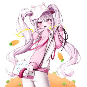 1girl :3 :d absurdres alice_(nikke) alice_(sweet_home)_(nikke) animal_charm animal_ear_headwear animal_ears animal_hat animal_print baseball_cap charm_(object) cowboy_shot dasom fake_animal_ears floating_headgear goddess_of_victory:_nikke hair_through_headwear hat headgear heart heart-shaped_pupils highres hood hood_down hoodie long_hair long_sleeves looking_at_viewer official_alternate_costume open_mouth pants pink_eyes pink_hoodie pink_sleeves rabbit_charm rabbit_hat rabbit_print smile symbol-shaped_pupils teeth twintails two-tone_hoodie upper_teeth_only whip white_hoodie yoga_pants