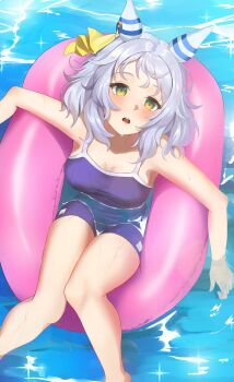 1girl :o animal_ears blue_one-piece_swimsuit blush breasts chakuma_(yiyh1468) commentary commentary_request english_commentary foot_out_of_frame green_eyes grey_hair highres hishi_miracle_(umamusume) horse_ears horse_girl innertube looking_at_viewer looking_up medium_breasts medium_hair on_innertube one-piece_swimsuit open_mouth solo swim_ring swimsuit teeth tracen_swimsuit umamusume upper_teeth_only water