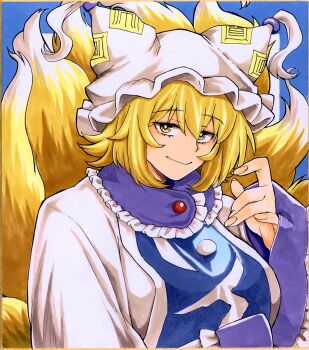 Rule 34 | 1girl, absurdres, animal ears, animal hat, blonde hair, blue tabard, breasts, dress, fox ears, fox tail, hat, highres, large breasts, long sleeves, looking at viewer, matsuri kyuuta, mob cap, multiple tails, short hair, solo, tabard, tail, touhou, white dress, wide sleeves, yakumo ran, yellow eyes