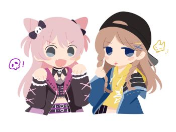 2girls bang_dream! bang_dream!_it&#039;s_mygo!!!!! black_hat black_jacket blue_eyes blue_jacket chihaya_anon commentary cone_hair_bun fang grey_eyes hair_bun hat highres hood hood_down hoodie jacket kino_(kino01xyz) long_hair midriff multiple_girls nagasaki_soyo open_mouth pink_hair sanrio simple_background twirling_hair white_background yellow_hoodie