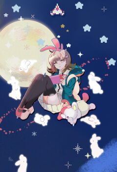 1girl :o animal_ears backpack bag black_thighhighs bow brown_hair brown_skirt collared_shirt commentary danganronpa_(series) danganronpa_2:_goodbye_despair diaper ear_bow flipped_hair galaga green_jacket hair_ornament highres hood jacket long_sleeves looking_at_viewer medium_hair miniskirt monomi_(danganronpa) moon nanami_chiaki natsumi_(vbzaret) neck_ribbon open_clothes open_jacket pink_eyes pink_ribbon pink_shoes pleated_skirt rabbit_ears ribbon shirt shoes skirt symbol-only_commentary thighhighs white_shirt