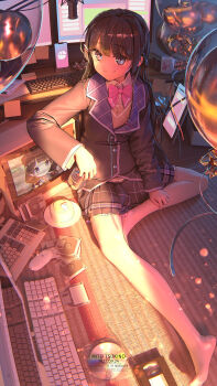 1girl artist_name balloon black_hair black_jacket bow bowtie brown_sweater_vest cake can cd cd_case cellphone character_name closed_mouth colored_lapels commentary_request company_logo computer_keyboard computer_mouse copyright_name crt dated drink_can english_text floppy_disk food full_body grey_eyes grey_skirt hair_ornament hairpin highres holding holding_can indoors jacket kuro-kun_(nablack) lapels long_hair long_sleeves looking_at_viewer microphone miniskirt monitor multiple_hairpins multiple_monitors nijisanji no_shoes notched_lapels phone pink_bow pink_bowtie plaid_clothes plaid_lapels plaid_skirt school_uniform shirt sitting skirt smartphone smile solo sunset sweater_vest tatami thighhighs tsukino_mito tsukino_mito_(1st_costume) tsukino_mito_(young) very_long_hair videocassette virtual_youtuber watermark web_address white_shirt white_thighhighs