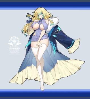 1girl artist_logo black_coat blonde_hair blue_eyes breasts ceru_foxhound coat coat_on_shoulders colored_tips commission highres large_breasts licorisu logo long_hair multicolored_hair ribbed_sweater skeb_commission solo sweater thighhighs twitter_username vallure virtual_youtuber white_thighhighs