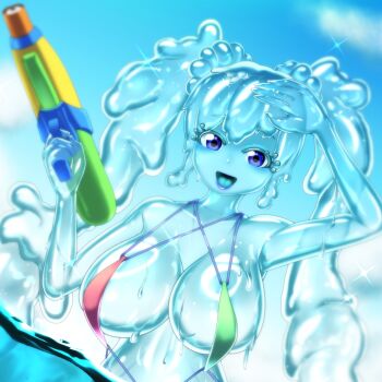 1girl :d bikini blue_eyes blue_tongue bokuha7paasento breasts colored_tongue day hand_up highres holding holding_water_gun large_breasts long_hair monster_girl open_mouth original outdoors see-through_body slime_girl slime_hair smile super_soaker swimsuit twintails upper_body water water_gun