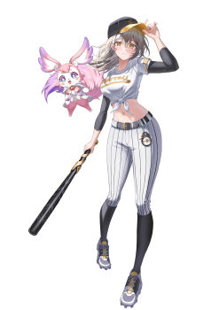 1girl :3 :d absurdres alternate_costume arm_up ball baseball baseball_(object) baseball_bat baseball_cap baseball_uniform belt black_belt black_hat black_shoes blush blush_stickers breasts closed_mouth commentary floating full_body grey_hair hair_between_eyes hat highres holding holding_ball holding_baseball_bat honkai:_star_rail honkai_(series) large_breasts layered_sleeves leg_warmers long_hair looking_at_viewer mem_(honkai:_star_rail) memosprite midriff navel open_mouth pants pian717 pink_fur shirt shoes short_sleeves sidelocks simple_background smile sneakers sportswear standing stelle_(honkai:_star_rail) striped_clothes striped_pants tachi-e tail tied_shirt trailblazer_(honkai:_star_rail) undershirt vertical-striped_clothes vertical-striped_pants white_background white_pants white_shirt yellow_eyes