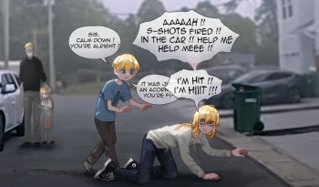 Rule 34 | 2boys, 2girls, absurdres, all fours, arthur (popopoka), black footwear, blonde hair, blue shirt, blurry, blurry background, brother and sister, car, cat baguette (popopoka), d:, denim, english text, erika (popopoka), family, glasses, grey shirt, highres, jeans, long hair, mimi (popopoka), motor vehicle, multiple boys, multiple girls, open mouth, original, outdoors, pants, popopoka, print shirt, ptsd, road, sad, shaded face, shirt, short hair, siblings, skirt, speech bubble, street, trash can