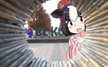 1girl animal_ears beret black_hair blush brown_eyes casual collarbone commentary cow_ears cow_girl hair_between_eyes hat holstein_friesian_cattle_(kemono_friends) kemono_friends looking_at_viewer multicolored_hair official_alternate_costume open_mouth photo_background pink_sweater red_hat sasakura_(jgay7435) short_hair sidelocks smile solo sweater symbol-only_commentary two-tone_hair white_hair