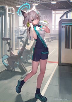 1girl animal_ear_fluff animal_ears bike_shorts black_socks blue_archive blue_eyes blue_shorts bottle breasts clothes_writing commentary_request cross cross_hair_ornament cycling_uniform exercise_bike exercise_machine full_body gloves green_gloves grey_footwear grey_hair gym hair_between_eyes hair_ornament highres holding holding_towel indoors inverted_cross lack looking_at_viewer medium_breasts multicolored_clothes official_alternate_costume shiroko_(blue_archive) shiroko_(cycling)_(blue_archive) short_hair short_sleeves shorts socks solo sports_bottle standing standing_on_one_leg sweat towel tumbler two-tone_gloves wiping_face wolf_ears wolf_girl