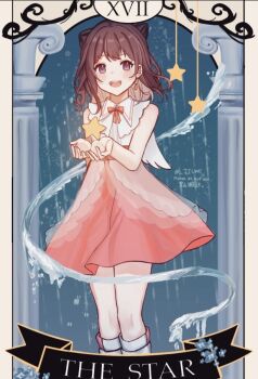 1girl bang_dream! brown_hair card_(medium) commentary commentary_request cone_hair_bun english_commentary hair_bun jiumi medium_hair mixed-language_commentary open_mouth pink_skirt purple_eyes shirt skirt sleeveless sleeveless_shirt solo star_(symbol) tarot tarot_(medium) teeth toyama_kasumi upper_teeth_only white_shirt