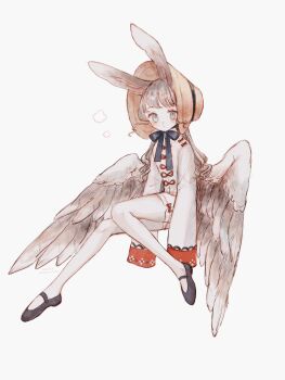 Rule 34 | 1girl, animal ears, black shoes, blue eyes, bonnet, brown bonnet, china dress, chinese clothes, chinstrap, closed mouth, commentary request, dated, dress, feathered wings, full body, grey hair, grey wings, highres, limo nine, long hair, looking at viewer, original, rabbit ears, shoes, short dress, signature, simple background, sitting, sleeves past fingers, sleeves past wrists, solo, swept bangs, white background, wings
