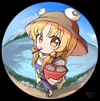 1girl blonde_hair brown_hat brown_shoes cloud dress fisheye food hat highres long_hair long_sleeves moriya_suwako pocky purple_dress ramudia_(lamyun) shoes sky solo touhou yellow_eyes