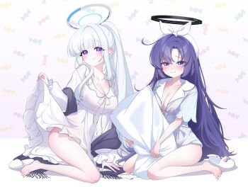 2girls absurdres animal_print barefoot blue_archive blue_pajamas blunt_bangs blush breasts cat_print charachan900 cleavage closed_mouth commentary covered_erect_nipples curtained_hair dress groin halo highres holding holding_pillow large_breasts long_hair long_sleeves looking_at_viewer mechanical_halo multiple_girls no_bra no_panties no_pants noa_(blue_archive) noa_(pajamas)_(blue_archive) pajamas parted_lips partially_unbuttoned pillow ponytail print_pajamas purple_eyes raised_inner_eyebrows short_sleeves side_part sitting slippers smile split_mouth symbol-only_commentary unworn_slippers white_background white_dress white_hair yuuka_(blue_archive) yuuka_(pajamas)_(blue_archive)