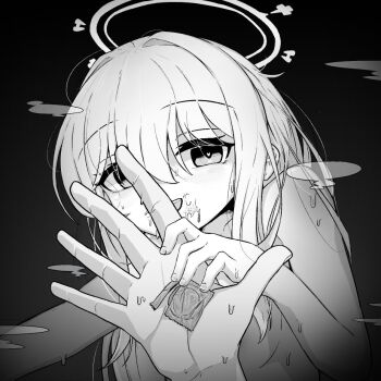 1boy 1girl 743_(743rd_bat) blue_archive commentary condom greyscale hair_between_eyes halo heart heart-shaped_pupils hetero holding holding_condom long_hair looking_at_viewer miyako_(blue_archive) monochrome open_mouth pov pov_hands smile solo_focus sweat symbol-only_commentary symbol-shaped_pupils