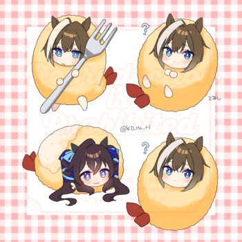 2girls :3 ? animal_ears blue_eyes blue_ribbon blush brown_hair cheval_grand_(umamusume) closed_mouth commentary food fork hair_between_eyes holding holding_fork horse_ears horse_girl koruri long_hair mole mole_under_eye multicolored_hair multiple_girls parted_lips ribbon shrimp shrimp_tempura smile streaked_hair sweatdrop symbol-only_commentary tempura tempura_costume twintails umamusume vivlos_(umamusume) white_hair