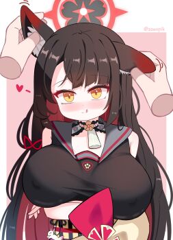 1girl 1other :q absurdres animal_ear_fluff animal_ears artist_name black_hair black_sailor_collar blue_archive breasts covered_erect_nipples fox_ears fox_girl halo heart highres holding_ears large_breasts long_hair multicolored_hair red_hair red_halo sailor_collar sleeveless solo sseopik tongue tongue_out wakamo_(blue_archive) yellow_eyes