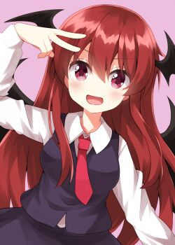 Rule 34 | 1girl, :d, black skirt, black vest, black wings, blush, collared shirt, commentary request, cowboy shot, demon wings, hand up, head wings, highres, koakuma, long hair, long sleeves, looking at viewer, necktie, open mouth, pink eyes, purple background, red hair, red necktie, ruu (tksymkw), shirt, simple background, skirt, smile, solo, touhou, v, vest, white shirt, wings