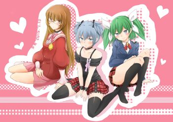 Rule 34 | 10s, 3boys, ansatsu kyoushitsu, arm support, black shirt, black socks, blazer, blouse, blue eyes, blue hair, blue jacket, blush, bow, bracelet, brown eyes, brown hair, choker, clothes lift, crossdressing, crossdressing (mtf), crossover, cruz schild, dated, dress shirt, glasses, green hair, hair ribbon, heart, highres, jacket, jewelry, kami nomi zo shiru sekai, katsuragi keima, kneehighs, long hair, long sleeves, looking at viewer, male focus, miniskirt, multiple boys, multiple crossover, needless, no shoes, off shoulder, pink shirt, pink skirt, plaid clothes, plaid skirt, pleated skirt, ribbon, school uniform, serafuku, shiota nagisa, shirt, short sleeves, short twintails, sitting, skirt, skirt lift, skirt tug, smile, socks, tenten (kitty), thighhighs, trait connection, trap, twintails, wariza, white shirt, wig, yokozuwari, zettai ryouiki