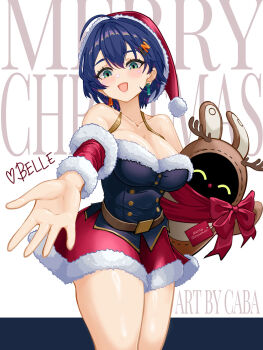 1girl ahoge alternate_breast_size_(larger) alternate_costume artist_name bangboo_(zenless_zone_zero) bare_shoulders belle_(zenless_zone_zero) blue_hair breasts carlos_cabs character_name cleavage collarbone commentary cowboy_shot detached_sleeves earrings english_commentary english_text facial_mark green_eyes hair_between_eyes hair_ornament hat heart heart_facial_mark highres jewelry large_breasts letter_hair_ornament looking_at_viewer merry_christmas offering_hand open_mouth pom_pom_(clothes) red_ribbon red_skirt ribbon santa_hat short_hair simple_background skirt thighs white_background zenless_zone_zero