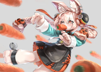 1girl animal_ear_fluff animal_ear_piercing animal_ears animal_feet aq_gohan black_dress braid braided_twintails carrot commentary_request dress fang food_in_mouth furry furry_female green_shirt grey_background hair_between_eyes hair_ornament highres long_hair motion_blur pinafore_dress pink_fur pink_hair rabbit_ears rabbit_girl red_eyes screw shirt simple_background sleeveless sleeveless_dress solo sphere_hair_ornament zenless_zone_zero zhao_(zenless_zone_zero)