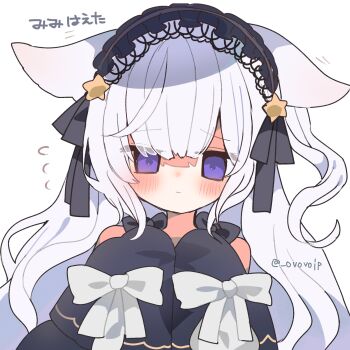 Rule 34 | 1girl, animal ears, black ribbon, blush, closed mouth, commentary request, flying sweatdrops, gothic lolita, hair ornament, hair ribbon, hairband, highres, kemonomimi mode, lolita fashion, lolita hairband, long hair, long sleeves, looking at viewer, mahou shoujo no majo saiban, natsume an-an, purple eyes, ribbon, shirasuame shiromaru, simple background, sleeves past fingers, sleeves past wrists, solo, star (symbol), star hair ornament, translation request, twitter username, upper body, white background, white hair, white ribbon