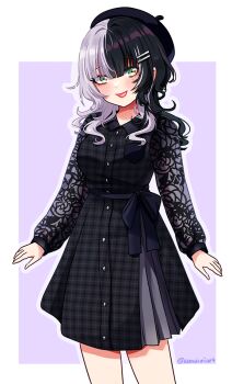 1girl alternate_costume amaimi beret black_dress black_hair dress green_eyes grey_hair hat hololive hololive_english looking_at_viewer multicolored_hair open_mouth shiori_novella solo split-color_hair two-tone_hair virtual_youtuber