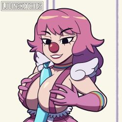 1girl ace_attorney animated balloon between_breasts black_eyes bouncing_breasts breasts breasts_squeezed_together clown clown_nose geiru_toneido grabbing_own_breast highres lipstick long_hair looping_animation ludinsketches makeup overalls pink_hair sexually_suggestive simulated_paizuri smile speedoru suggestive_gesture tagme video