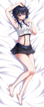 1girl absurdres armpits bare_shoulders barefoot black_hair black_skirt collared_shirt cropped_shirt crossed_bangs dakimakura_(medium) ear_piercing earrings full_body hair_between_eyes highres ichinose_uruha ichinose_uruha_(4th_costume) jewelry looking_at_viewer lupinus_virtual_games midriff miniskirt multicolored_hair navel on_bed open_mouth piercing pink_nails pleated_skirt purple_eyes sasamisable shirt skirt sleeveless sleeveless_shirt solo streaked_hair suspenders virtual_youtuber vspo! white_shirt wolf_cut