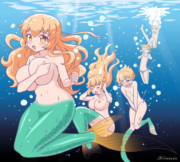 1boy 1girl air_bubble asphyxiation barefoot blonde_hair blush breasts bubble covering_breasts covering_privates drowning genderswap genderswap_(mtf) long_hair mermaid monster_girl monsterification navel nipples open_mouth original sequential swimming topless_female transformation underwater yellow_eyes yoshida_gorou