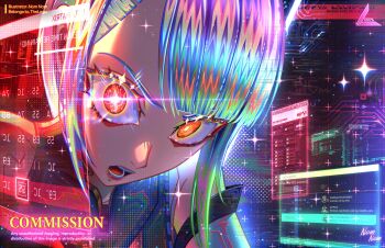 1girl commission cyberpunk cyberpunk:_edgerunners cyberpunk_(series) cyborg eyeliner heattech_leotard highres leotard lucy_(cyberpunk) makeup mechanical_eyes monowire multicolored_eyes nomn_722 red_eyeliner red_lips solo turtleneck