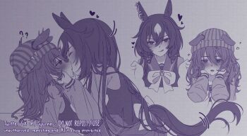 2girls ? ?? animal_ears blush closed_eyes commentary english_commentary fuyurnn greyscale hand_on_another&#039;s_face heart highres holding horse_ears horse_girl horse_tail kiss knit_hat licking_lips long_sleeves monochrome multiple_girls nakayama_festa_(umamusume) school_uniform simple_background sirius_symboli_(umamusume) tail tongue tongue_out umamusume yuri