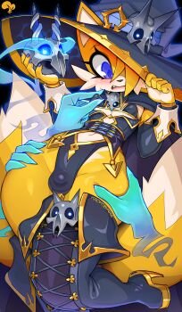 1boy 1other alternate_costume black_boots black_hat black_leotard blue_eyes blue_nails boots bulge commentary english_commentary furry furry_male hair_over_one_eye hat highres krokobyaka leotard looking_at_viewer multiple_tails nail_polish nipple_stimulation nipple_tweak open_mouth solo sonic_(series) tail tails_(sonic) thigh_boots two_tails witch_hat yellow_fur