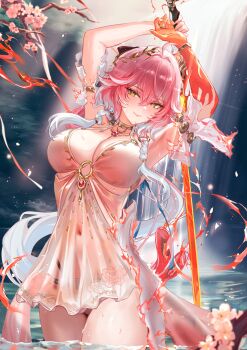 1girl absurdres ahoge arm_above_head armpits arms_up bikini black_bow body_markings bow braid breasts burning_clothes changli_(laurel_nymph)_(wuthering_waves) changli_(wuthering_waves) cleavage closed_mouth colored_extremities commentary_request dress feather_hair hair_between_eyes hair_bow hair_extensions highres holding holding_behind_back holding_sword holding_sword_behind_back holding_weapon holding_weapon_behind_back large_breasts laurel_crown long_hair looking_at_viewer multicolored_hair navel official_alternate_costume overhead_swing pink_hair red_hands ring_hair_extensions second-party_source see-through_clothes see-through_dress smile solo swimsuit sword thighs twin_braids two-tone_hair vardan very_long_hair wading water weapon wet white_bikini white_dress white_hair wuthering_waves yellow_eyes