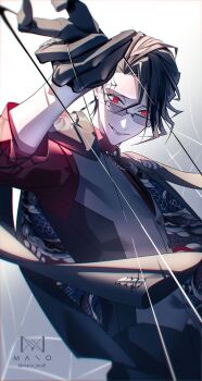 #compass 1boy artist_name black_gloves black_hair black_jacket black_necktie black_vest collared_shirt commentary_request earrings facial_tattoo gloves hand_up highres holding holding_string itomeguri_rinne jacket jacket_on_shoulders jewelry long_sleeves looking_at_viewer male_focus manomenou necklace necktie parted_lips red_eyes red_shirt shirt short_hair silk sleeves_rolled_up smile solo spider_web spider_web_tattoo string sunglasses tattoo teeth twitter_username upper_body vest virtual_youtuber