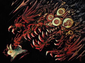 alleesaur black_background commentary crosshair eldritch_abomination english_commentary extra_eyes highres horror_(theme) no_humans original rabbit running sharp_teeth teeth