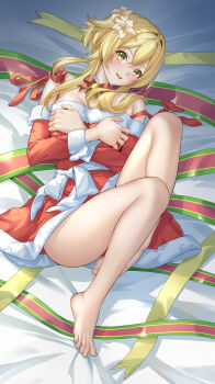 1girl absurdres barefoot blonde_hair blush breasts christmas cleavage feet genshin_impact highres hitpig long_hair looking_at_viewer lumine_(genshin_impact) open_mouth santa_costume toes yellow_eyes