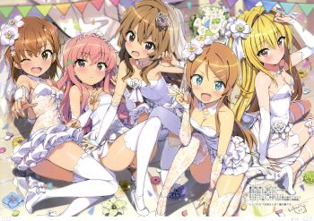 5girls absurdres aisaka_taiga blonde_hair blue_eyes blush bouquet bow breasts bridal_gauntlets brown_eyes brown_hair cleavage crossover detached_collar dress fang female_focus flower hair_flower hair_ornament high_heels highres huge_filesize jewelry konjiki_no_yami kousaka_kirino long_hair looking_at_viewer louise_francoise_le_blanc_de_la_valliere misaka_mikoto multiple_crossover multiple_girls necklace one_eye_closed ootomo_takuji open_mouth ore_no_imouto_ga_konna_ni_kawaii_wake_ga_nai page_number panties pink_hair sitting small_breasts strapless thighhighs to_love-ru toaru_kagaku_no_railgun toaru_majutsu_no_index toradora! trait_connection underwear v voice_actor_connection wedding_dress white_footwear white_legwear white_panties zero_no_tsukaima