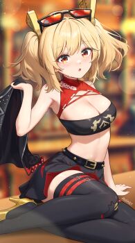 1girl absurdres aviary belt black_belt black_skirt black_thighhighs blonde_hair blurry blurry_background breasts burnice_white cleavage commentary crop_top english_commentary eyewear_on_head highres holding holding_jacket holding_unworn_clothes jacket large_breasts looking_at_viewer midriff miniskirt navel red-framed_eyewear red_eyes revision sitting skirt solo stomach strapless sunglasses thighhighs tube_top two_side_up unworn_jacket yokozuwari zenless_zone_zero