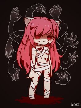 1girl bandages barefoot blood blood_in_hair blood_on_face blood_on_ground bloody_bandages chibi chibi_only closed_mouth elfen_lied expressionless full_body horns koki_arts long_hair lucy_(elfen_lied) naked_bandage pink_hair red_eyes solo standing vectors very_long_hair