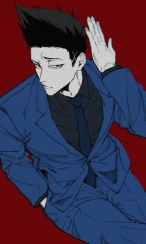 Rule 34 | 1boy, absurdres, barou shouei, black hair, black shirt, blue lock, blue necktie, blue pants, blue suit, closed mouth, collared shirt, commentary request, crossed legs, dodaengchi, formal clothes, from above, hand in pocket, highres, invisible chair, jacket, looking at viewer, male focus, necktie, pants, red background, red eyes, shirt, short hair, simple background, sitting, solo, suit, suit jacket