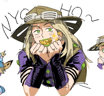 Rule 34 | blue hat, blush, brown hair, brown hat, buttons, english text, gold teeth, green eyes, green lips, gyro zeppeli, hands on own chin, hat, johnny joestar, jojo no kimyou na bouken, looking at viewer, lurmturm, purple shirt, purple star, shirt, simple background, sparkle, star (symbol), steel ball run, white background