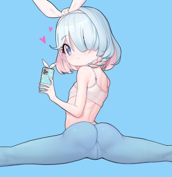 1girl arona_(blue_archive) ass bad_id bad_pixiv_id blue_archive blue_background blue_borscht blue_eyes blue_pantyhose bra braid cellphone closed_mouth colored_inner_hair commentary english_commentary female_focus flat_chest from_behind hair_over_one_eye hairband heart highres holding holding_phone korean_commentary loli looking_at_viewer looking_back mixed-language_commentary multicolored_hair pants pantyhose phone pink_hair short_hair single_braid smile solo split spread_legs two-tone_hair underwear white_bra white_hairband yoga_pants