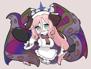 1girl apron blue_archive blue_eyes blush brown_background brown_necktie collared_jacket frilled_apron frills frying_pan hair_between_eyes halo headscarf holding horns jacket juri_(blue_archive) long_hair long_sleeves miranofuudoria necktie open_mouth pink_hair pleated_skirt pointy_ears purple_jacket purple_wings simple_background skirt solo spatula square-end_necktie suction_cups tears tentacles very_long_hair white_apron white_skirt wide_sleeves wings