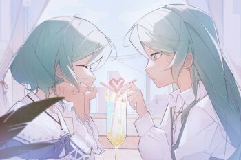 2girls aqua_hair art_program_in_frame bang_dream! blush closed_mouth commentary_request crazy_straw drinking_straw green_eyes head_rest heart_straw highres hikawa_hina hikawa_sayo long_hair multiple_girls procreate_(medium) shared_drink shirt short_hair siblings sisters smile sweatdrop toumeiii twins upper_body white_shirt
