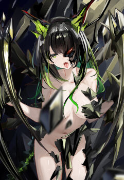 1girl absurdres arknights black_hat breasts collarbone commentary_request completely_nude convenient_censoring cowboy_shot debris green_eyes green_hair hat highres large_breasts long_hair mikuning mon3tr_(arknights) multicolored_hair navel nude solo stomach tongue tongue_out two-tone_hair