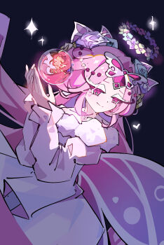 2girls absurdres aqua_horse beads black_bow bow bright_pupils butterfly_hair_ornament cape chibi chinese_commentary circlet closed_mouth commentary_request cookie_run cookie_run:_kingdom dark-skinned_female dark_skin diamond-shaped_pupils diamond_(shape) dress eternal_sugar_cookie eternal_sugar_cookie_(blooming_bringer_of_sloth) eyes_visible_through_hair facial_tattoo fairy fairy_wings flower flower_halo forehead_jewel frilled_sleeves frills fur-trimmed_dress fur_trim gem hair_beads hair_flower hair_intakes hair_ornament half_updo halo happy heart heart_tattoo highres hollyberry_cookie humanization juliet_sleeves long_hair long_sleeves looking_to_the_side lu_xiangu mini_person minigirl multiple_girls nape_braid object_floating_above_hand official_alternate_costume orb parted_lips pink_cape pink_eyes pink_gemstone pink_hair pink_wings pleated_dress puffy_long_sleeves puffy_sleeves purple_flower purple_rose red_eyes rose short_hair short_twintails simple_background single_sleeve_past_fingers size_difference smile sparkle symbol-shaped_pupils tattoo twintails very_long_hair white_dress white_eyeshadow white_pupils wings