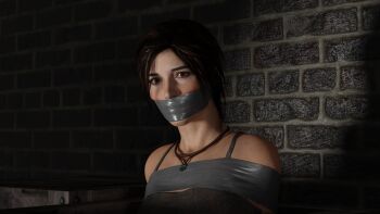 1girl 3d bdsm bondage bound box breasts brown_eyes brown_hair close-up gag gagged highres improvised_gag jewelry lara_croft looking_at_viewer necklace rindekeu tape tape_bondage tape_gag tomb_raider