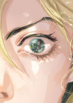 1girl absurdres blonde_hair close-up eye_focus eyelashes father_and_daughter gakuran hair_between_eyes hashtag-only_commentary highres jojo_no_kimyou_na_bouken kuujou_jolyne kuujou_joutarou oraorashindoi35 reflection school_uniform stone_ocean