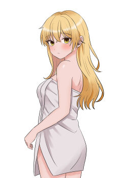 1girl absurdres alternate_costume blonde_hair blush breasts closed_mouth commentary_request highres kirisame_marisa kiyo_(tomoki6107) long_hair looking_at_viewer medium_breasts naked_towel no_headwear simple_background solo touhou towel white_background yellow_eyes
